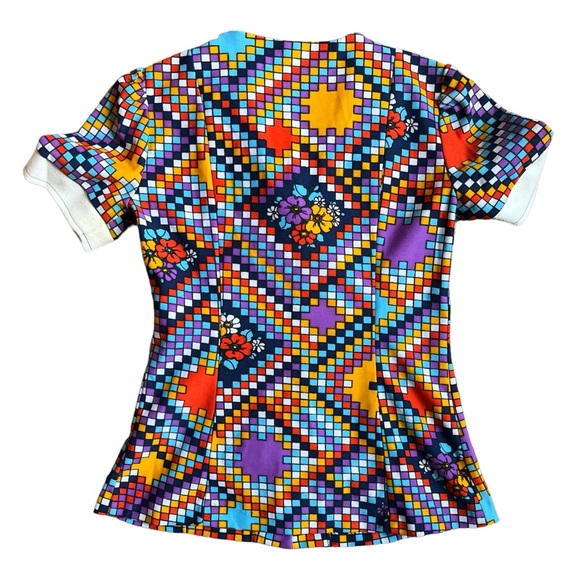 Vintage 60s Mod Colorful Floral Geometric Wide Collar Button Up Shirt - Picture 11 of 13